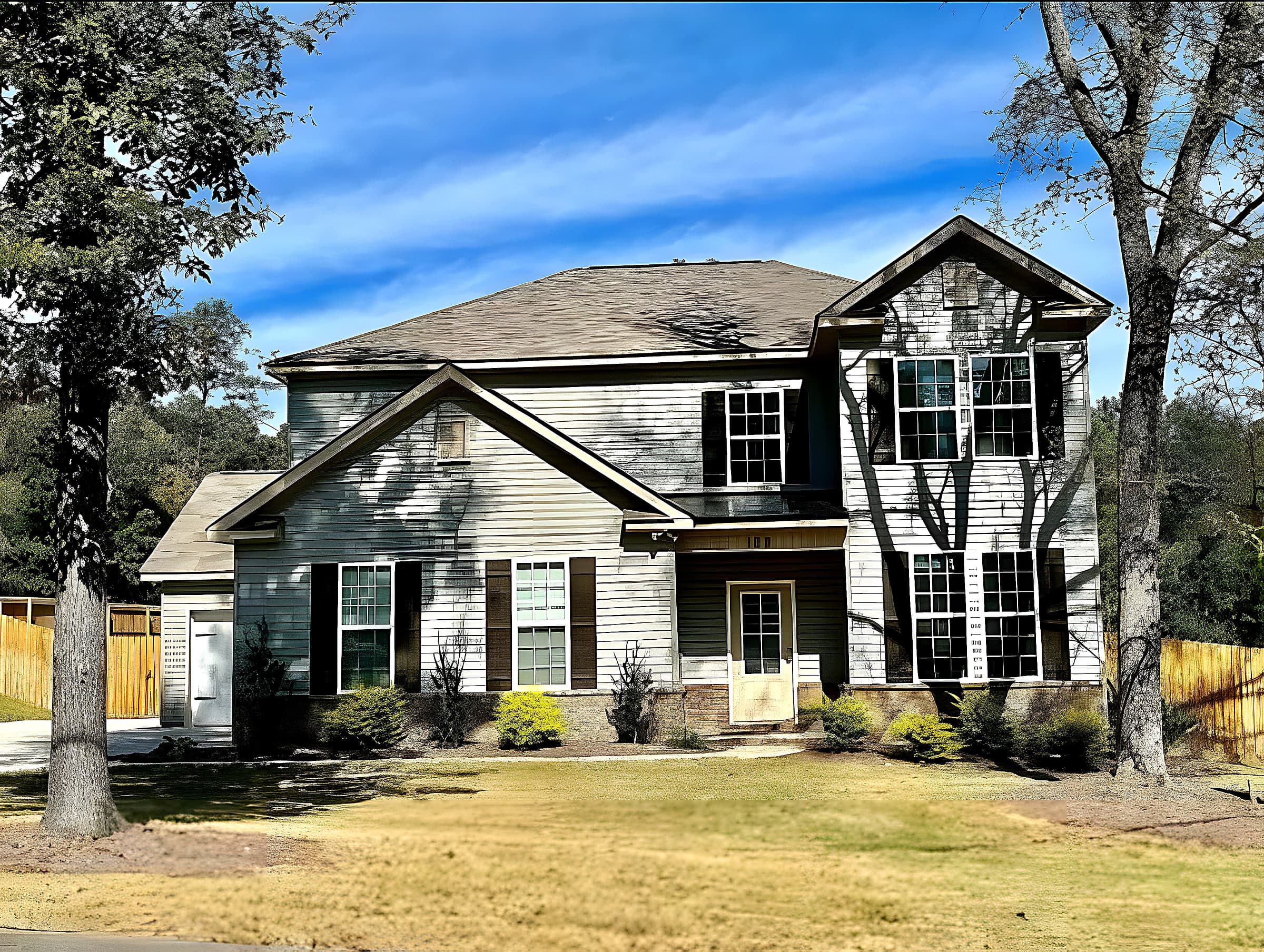 Front exterior with attached two-car garage and fenced side yard